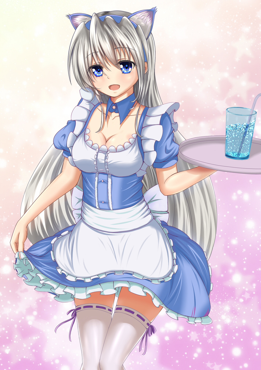 :d animal_ears apron blue_eyes breasts cat_ears clannad cleavage collarbone cowboy_shot detached_collar dress frills grey_hair highres ice ice_cube john_117 kemonomimi_mode maid medium_breasts open_mouth ribbon-trimmed_legwear ribbon_trim sakagami_tomoyo skirt skirt_lift smile standing thighhighs tray underbust white_legwear zettai_ryouiki