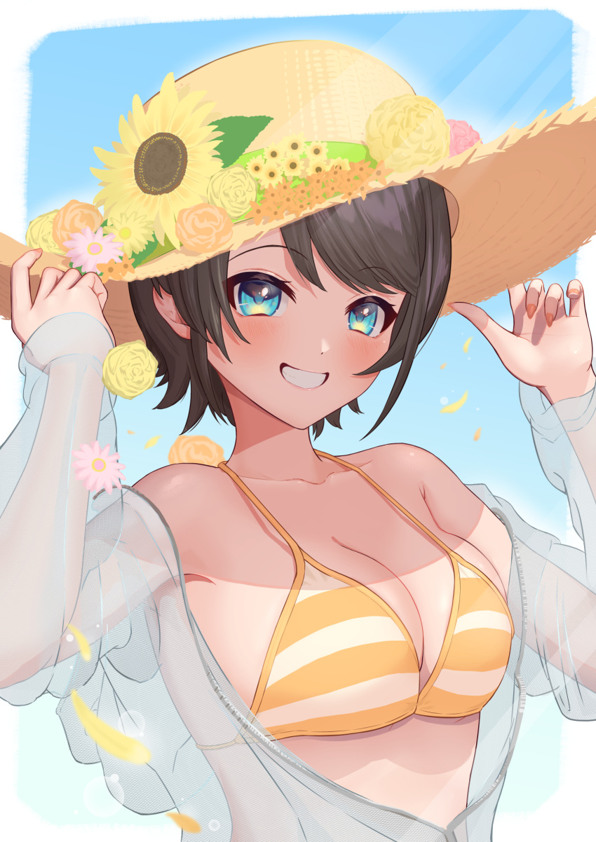 1girl bikini black_hair blue_eyes flower grin hareteruya hat hat_flower highres hololive oozora_subaru open_clothes open_shirt see-through see-through_shirt short_hair smile solo straw_hat striped_bikini striped_clothes sun_hat sunflower swimsuit upper_body virtual_youtuber yellow_bikini yellow_hat