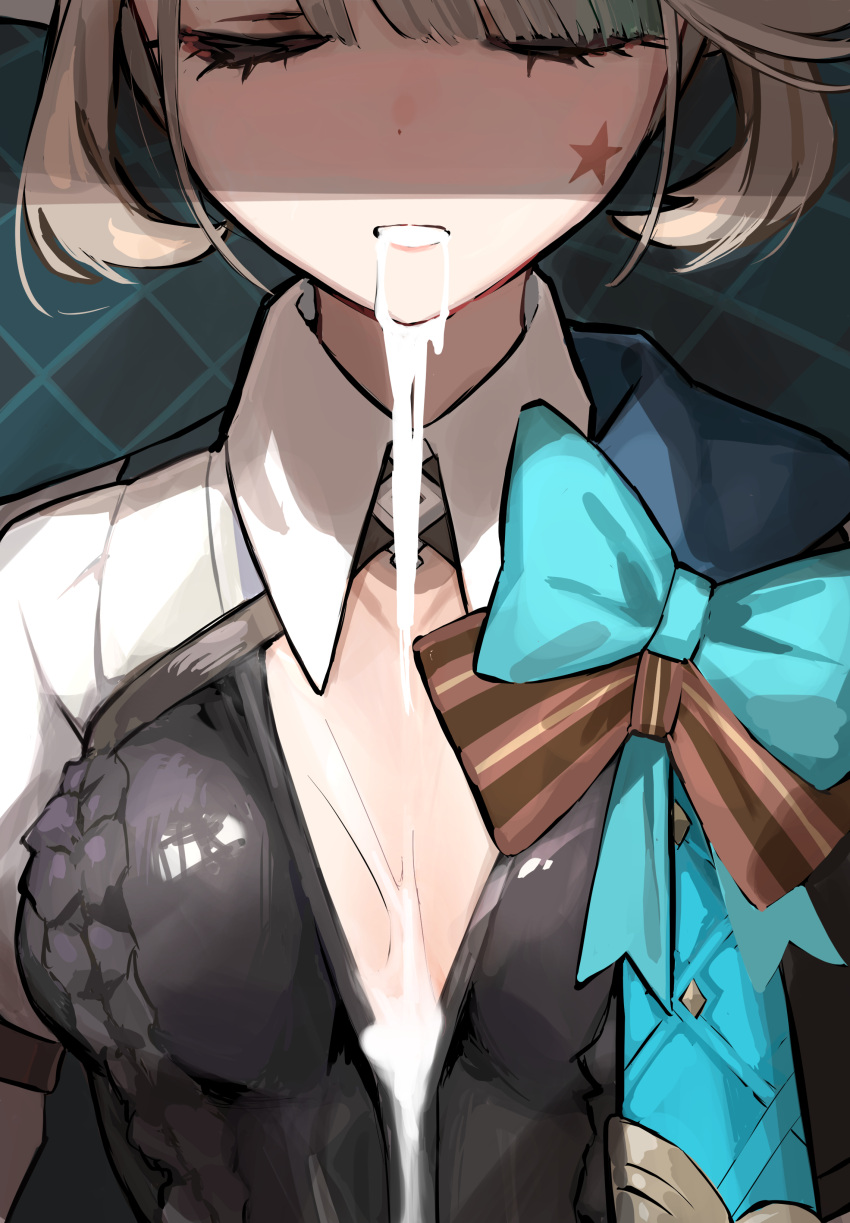 1girl absurdres after_fellatio aqua_bow bfmelu black_dress bow breasts closed_eyes cum cum_in_mouth cum_on_body cum_on_breasts cum_overflow cumdrip dress facial genshin_impact grey_hair highres lynette_(genshin_impact) solo star_(symbol) star_print upper_body