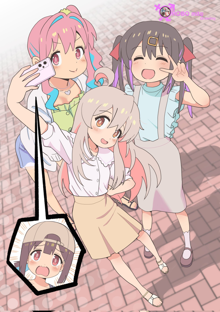 4girls :d ^_^ ahoge artist_name backwards_hat bare_arms black_hair blue_hair brown_eyes brown_hair closed_eyes colored_inner_hair commentary copyright_name corrupted_twitter_file day english_text grey_hair grey_skirt hair_between_eyes hair_intakes hair_ornament hair_ribbon hairclip hat heart heart_necklace highres hozuki_kaede hozuki_momiji inset jewelry leaning_to_the_side light_blush long_hair male-female_symbol multicolored_hair multiple_girls necklace onii-chan_wa_oshimai! open_mouth outdoors oyama_mahiro oyama_mihari pink_hair purple_hair red_eyes red_ribbon ribbon robomito selfie shirt short_hair siblings side_ponytail sisters skirt sleeveless sleeveless_shirt smile suspender_skirt suspenders twintails two-tone_hair v_over_eye white_shirt yellow_skirt