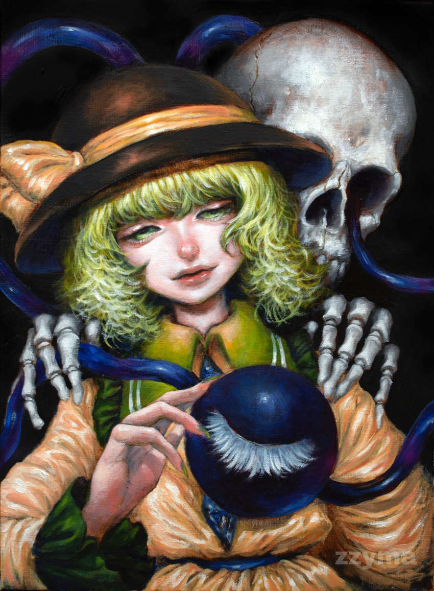 1girl artist_name black_hat buttons collar collared_shirt crack cracked_skull curly_hair diamond_(shape) diamond_button fingernails frilled_shirt frilled_shirt_collar frilled_sleeves frills green_collar green_eyes green_hair green_nails hands_on_another's_shoulders hat hat_ornament hat_ribbon highres johnalay komeiji_koishi long_sleeves medium_hair nail_polish open_mouth painting_(medium) ribbon sharp_fingernails shirt skeletal_hand skeleton skull teeth third_eye touhou traditional_media yellow_ribbon yellow_shirt