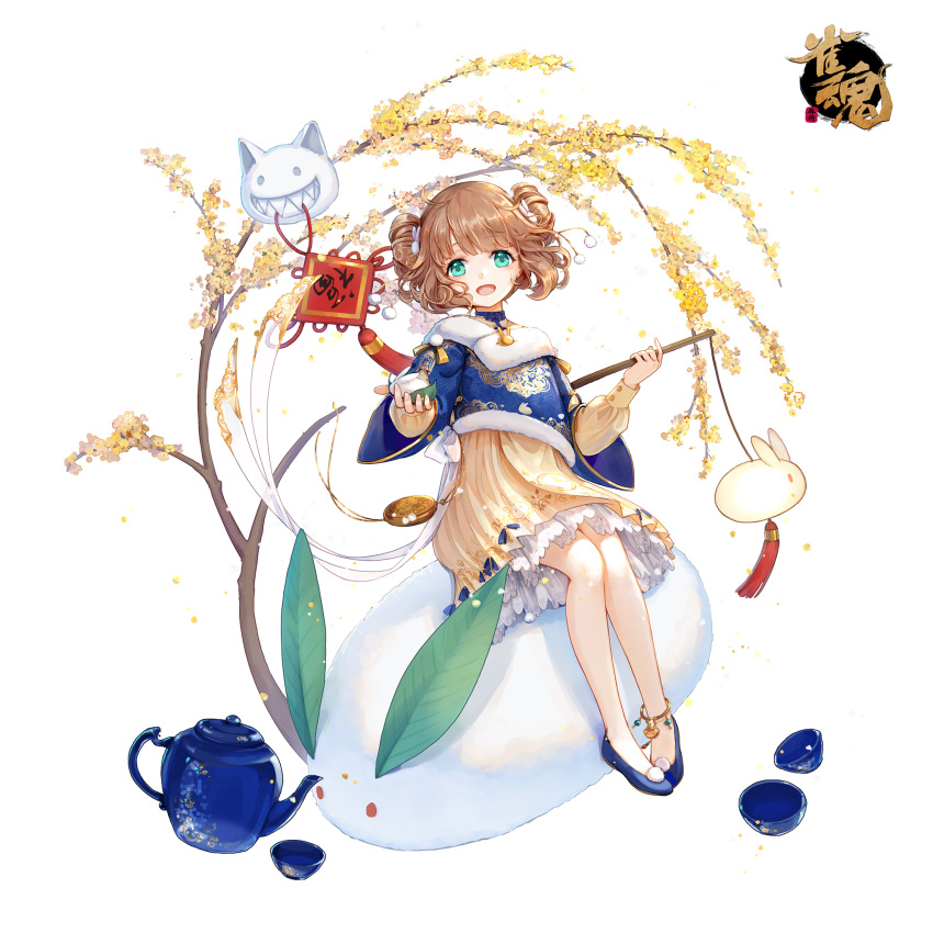 1girl anklet aqua_eyes blue_footwear branch brown_hair choker cup double_bun hair_bun highres hina_momo holding holding_stick jewelry leaf logo looking_at_viewer mahjong_soul official_art open_mouth plant shine_cheese simple_background smile solo stick tachi-e tassel teacup teapot white_background