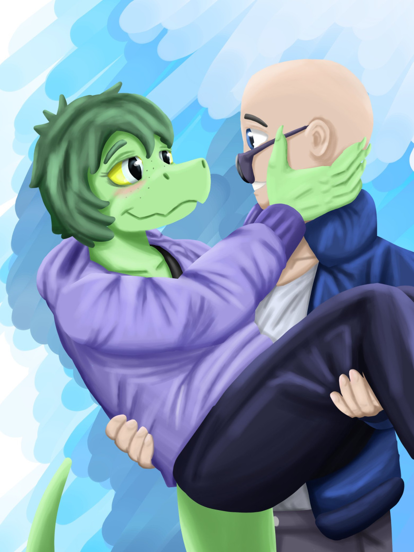 2024 5_fingers abstract_background anthro bald baryonyx blue_eyes blush carrying_another carrying_partner cavemanon_studios claws clothing digital_drawing_(artwork) digital_media_(artwork) dinosaur duo eyelashes eyewear female finger_claws fingers freckles green_body green_scales grey_eyes hair hi_res hoodie human i_wani_hug_that_gator inco_(iwhtg) jacket light-skinned_male light_body light_skin long_tail male mammal olivia_halford reptile scales scalie short_hair silver_hair snout spinosaurid sunglasses tail theropod topwear tyenov