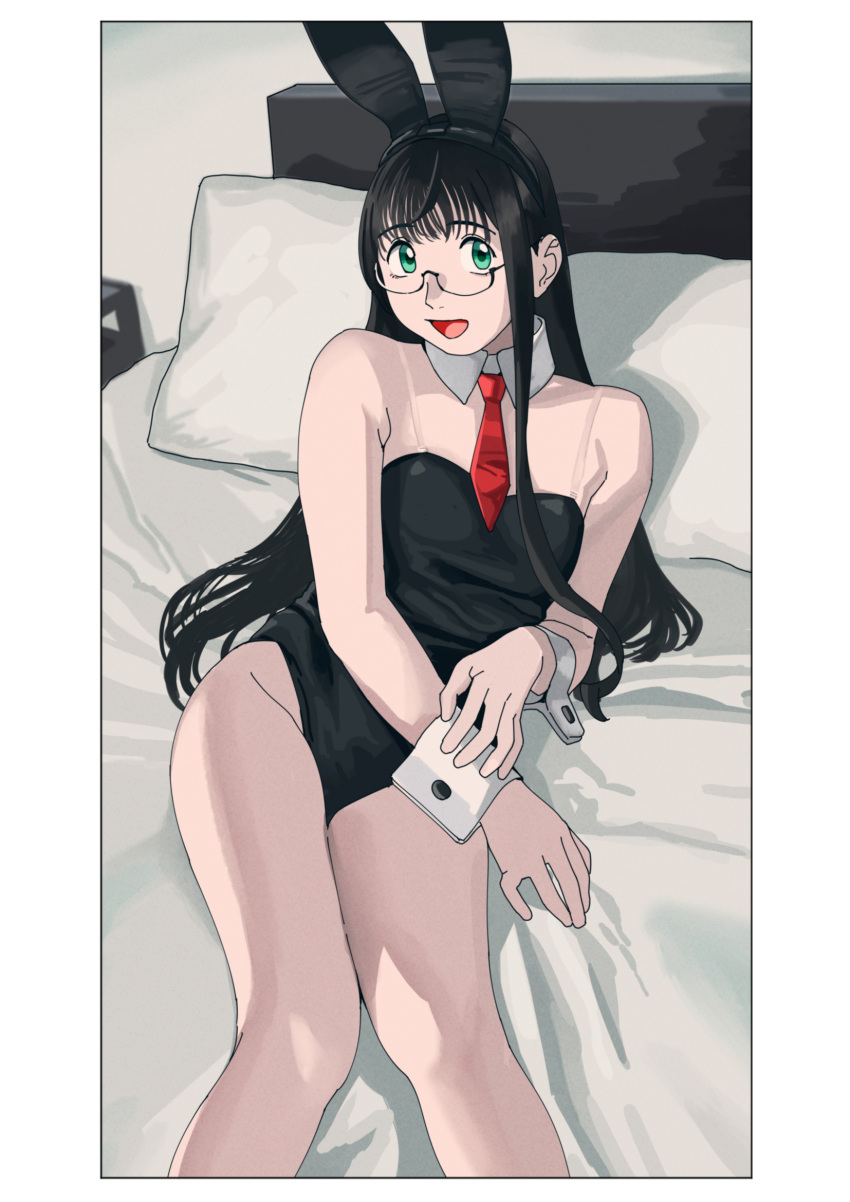 1girl alternate_costume animal_ears aqua_eyes bare_legs bare_shoulders bed black_hair black_leotard breasts commentary_request detached_collar fake_animal_ears feet_out_of_frame glasses highres kantai_collection leotard looking_at_viewer necktie ojipon ooyodo_(kancolle) pillow playboy_bunny red_necktie see-through see-through_strap semi-rimless_eyewear shoulder_strap sitting small_breasts smile solo strap wrist_cuffs