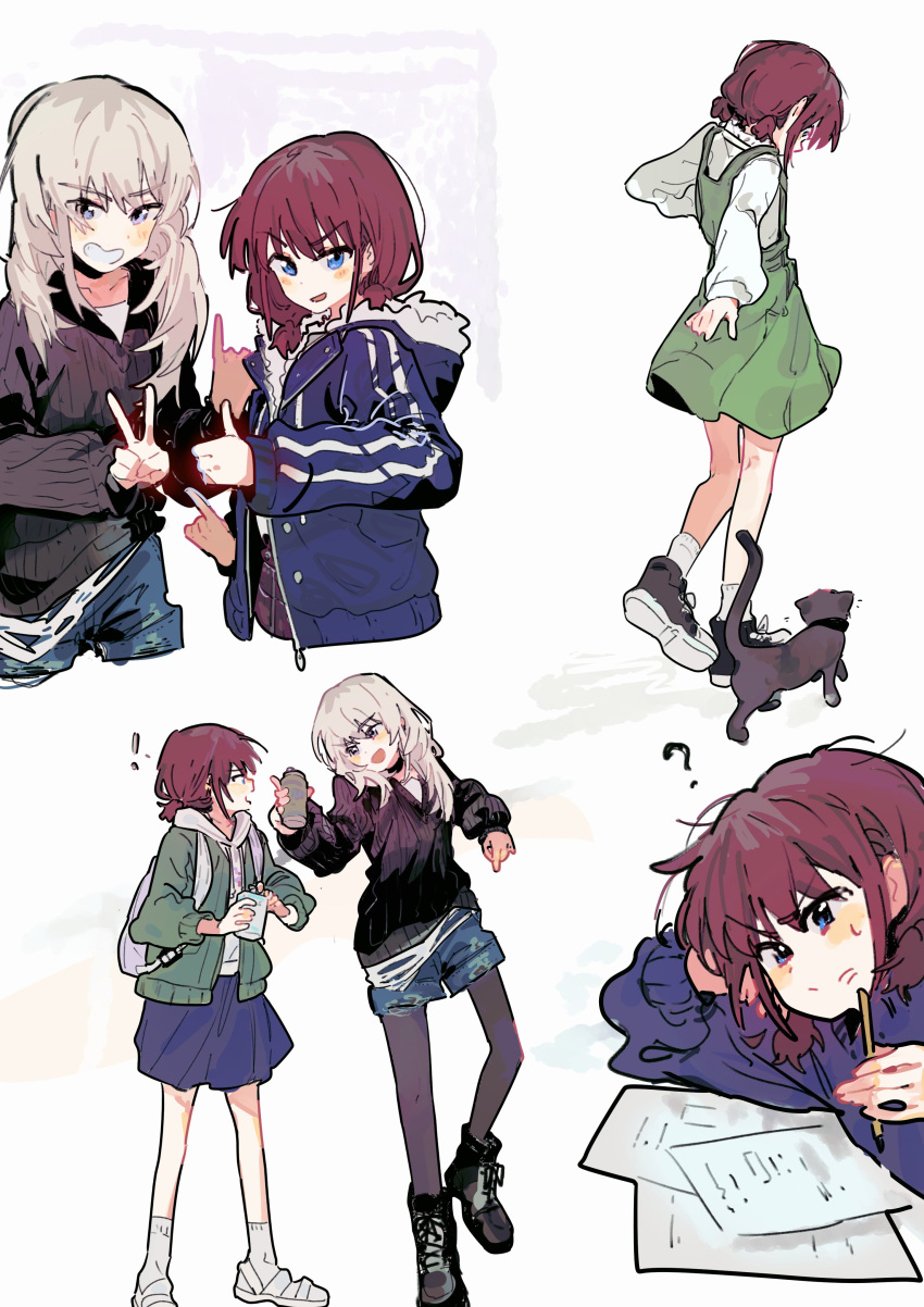 ! 2girls ? absurdres black_cat black_pantyhose black_sweater blue_jacket blue_shorts blue_skirt blue_sweater blush cat cropped_legs denim denim_shorts fur-trimmed_jacket fur_trim girls_band_cry green_overalls grin head_on_arm highres holding holding_pencil iseri_nina jacket kawaragi_momoka long_sleeves looking_at_viewer medium_skirt multiple_girls multiple_views overall_skirt pantyhose pantyhose_under_shorts paper pencil shirt short_shorts shorts simple_background skirt smile socks standing sweatdrop sweater thumbs_up v v-neck v-shaped_eyebrows walking white_background white_shirt white_socks ydpfa