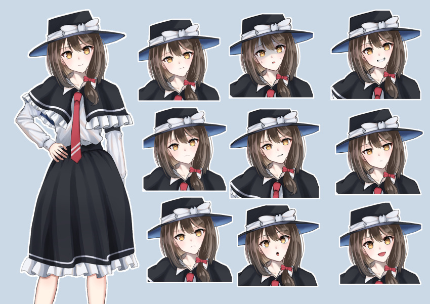 1girl :d :o angry black_capelet black_hat black_skirt blue_background blush bow brown_hair capelet closed_mouth commentary_request erisauria expressionless expressions frilled_capelet frilled_skirt frills glaring grin hair_bow hand_on_own_hip hat hat_bow head_tilt highres light_smile long_sleeves looking_at_viewer medium_hair necktie outline psd_available red_bow red_necktie scared shaded_face shirt simple_background skirt smile solo standing surprised touhou usami_renko variant_set white_bow white_outline white_shirt yellow_eyes