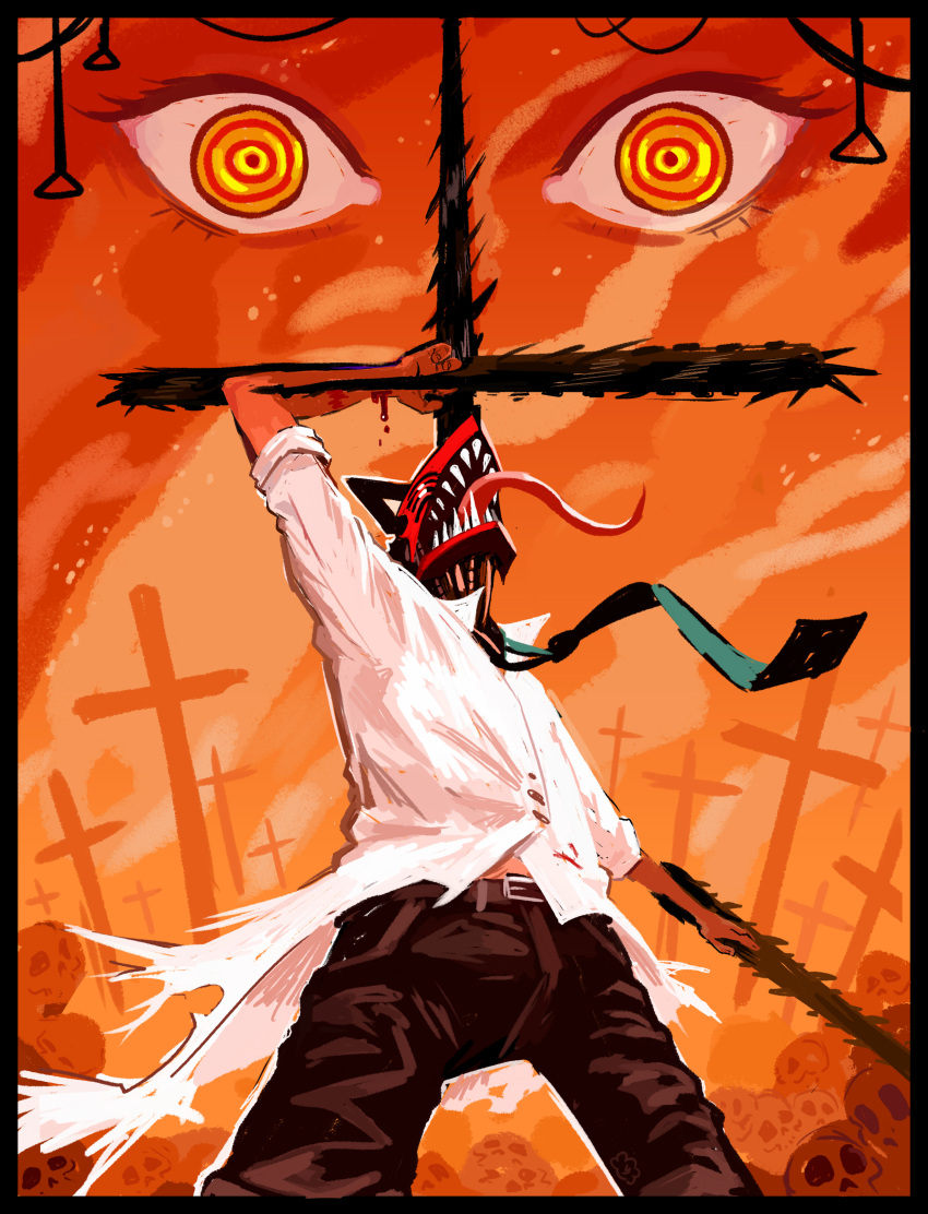 1boy absurdres belt black_pants bleeding blood chainsaw_devil chainsaw_man cracklewink cross highres makima_(chainsaw_man) necktie orange_eyes orange_theme outdoors pants pile_of_skulls shirt tongue tongue_out white_shirt