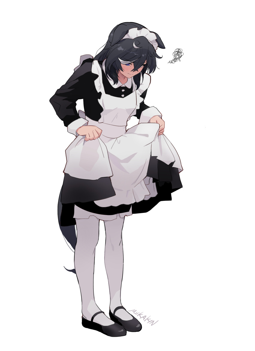 1girl absurdres alternate_costume animal_ears apron black_dress black_footwear black_hair blush clothes_lift dress enmaided frilled_apron frills full_body highres horse_ears horse_girl katsuragi_ace_(umamusume) long_sleeves maid maid_apron maid_headdress mukakin multicolored_hair pantyhose puffy_sleeves shoes simple_background skirt_hold solo standing streaked_hair umamusume white_apron white_background