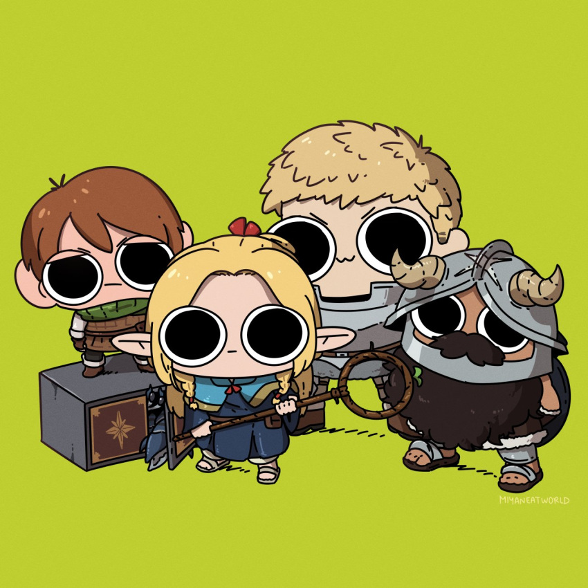 &gt;:) 1girl 3boys :3 black_eyes blonde_hair chibi chilchuck_tims dress dungeon_meshi fake_horns full_body green_background helmet highres holding holding_staff horned_helmet horns laios_touden marcille_donato mimic miyan_(oceanmaiden) multiple_boys pointy_ears sandals senshi_(dungeon_meshi) simple_background staff v-shaped_eyebrows