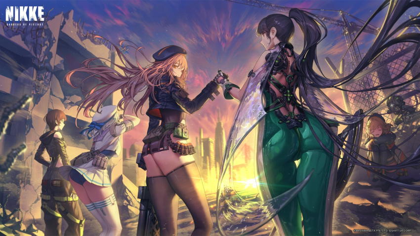 5girls =_= anis_(nikke) artist_request ass beret black_hair black_thighhighs bodysuit brown_eyes brown_hair commentary company_connection counters_(nikke) english_commentary eve_(stellar_blade) goddess_of_victory:_nikke green_bodysuit hat highres hood hoodie lily_(stellar_blade) long_hair long_sleeves multiple_girls neon_(nikke) ponytail rapi_(nikke) sailor short_hair stellar_blade swimsuit swimsuit_under_clothes thighhighs white_hair white_thighhighs