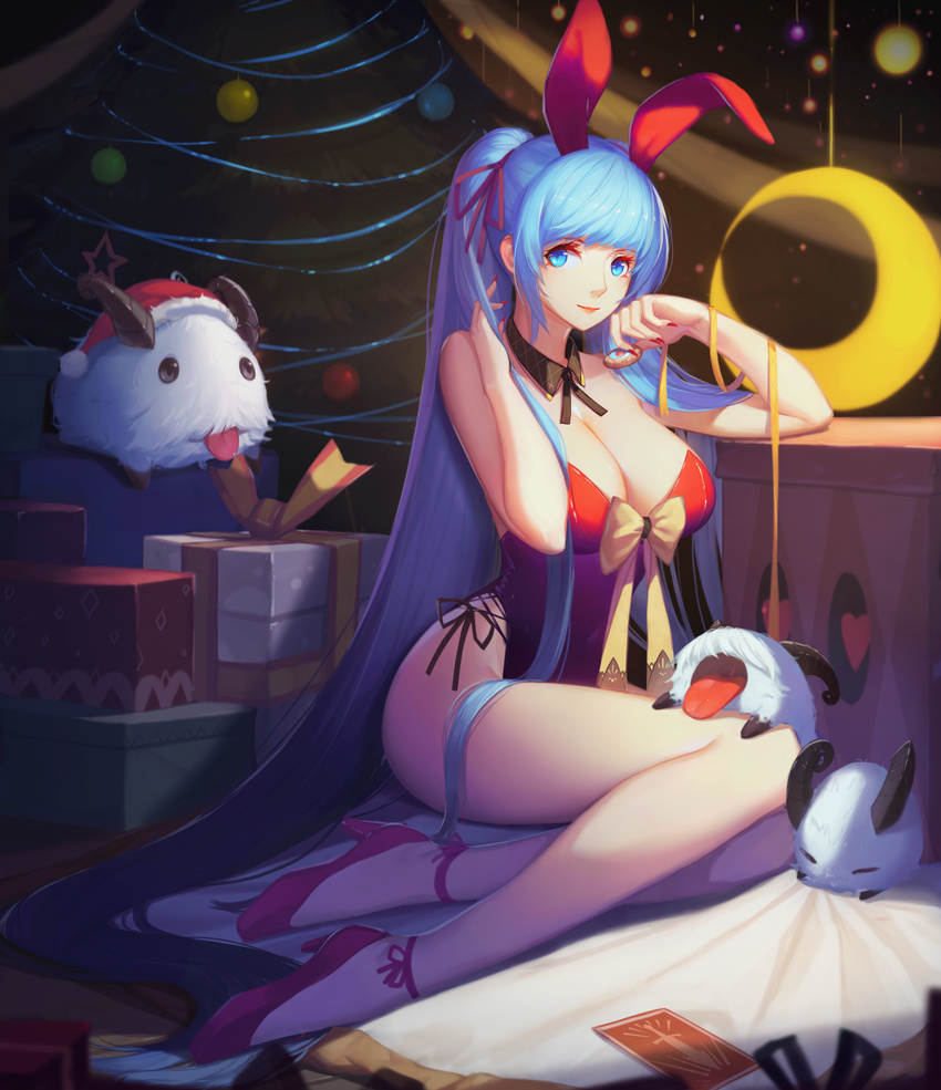 absurdly_long_hair absurdres animal_ears blue_eyes blue_hair breasts bunny_ears christmas cleavage cubies_(tiger_205) hat highres huge_breasts league_of_legends legs leotard long_hair looking looking_at_viewer ponytail poro_(league_of_legends) red_leotard revision ribbon santa_hat smile solo sona_buvelle thighs very_long_hair