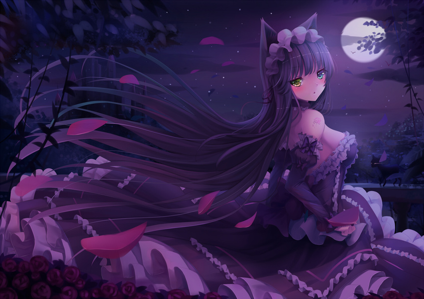 :o animal_ears backless_outfit bare_shoulders black_cat black_hair blue_eyes blush bow breasts castle cat cat_ears choker clenched_hand detached_sleeves dress flower frilled_choker frilled_dress frilled_sleeves frills full_moon hairband heterochromia lolita_hairband long_hair long_sleeves medium_breasts moon night original outdoors petals rose solo sonikey0_0 strapless strapless_dress very_long_hair yellow_eyes