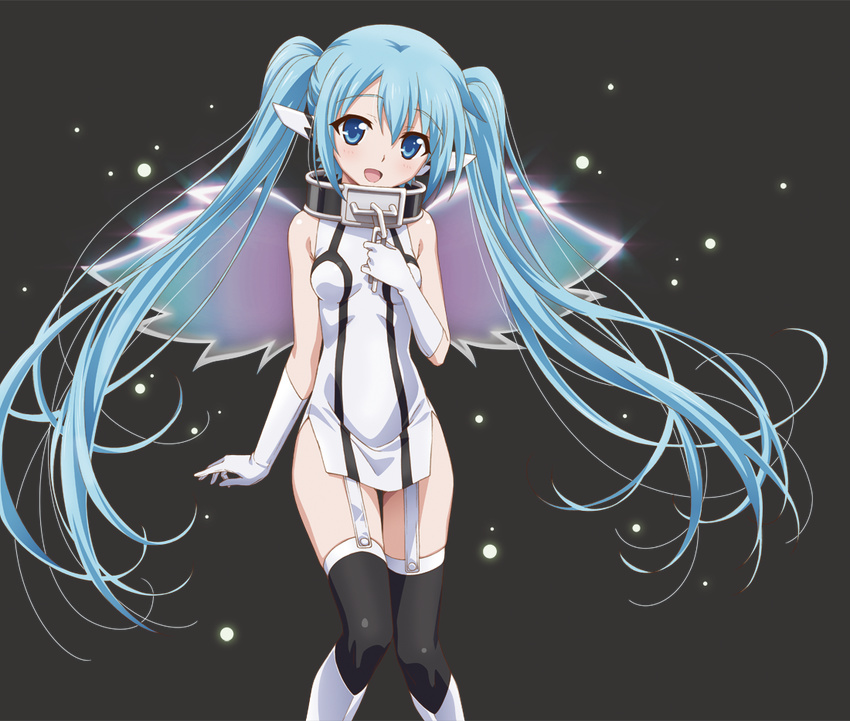 alpha_transparency black_background black_legwear blue_eyes blue_hair chain collar gloves headgear long_hair looking_at_viewer nymph_(sora_no_otoshimono) smile solo sora_no_otoshimono thighhighs twintails watanabe_yoshihiro white_gloves wings