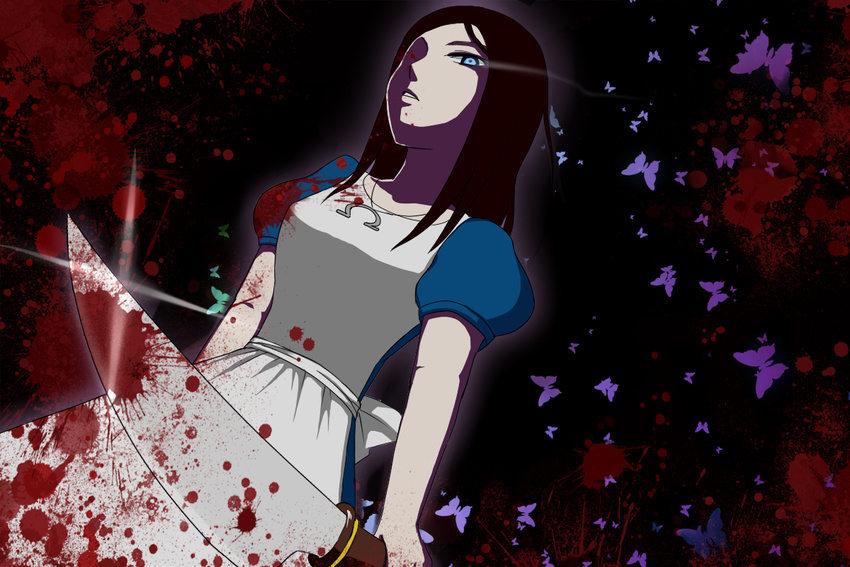 1girl alice:_madness_returns alice_(wonderland) alice_in_wonderland alice_liddell american_mcgee's_alice american_mcgee's_alice apron black_hair blood blue_eyes butterfly dress fire jewelry knife long_hair necklace