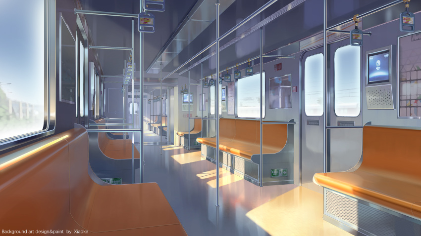 absurdres artist_name building commentary_request day door english_text highres lamppost monitor no_humans original plant scenery seat shade sky sunlight train_interior tree window xiaoke