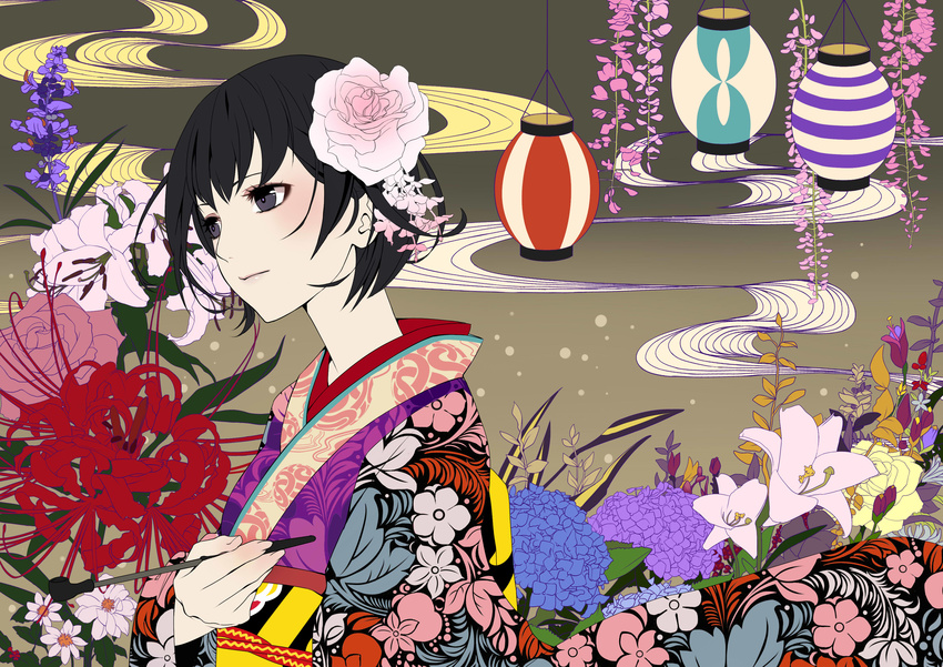 absurdres bad_id bad_pixiv_id black_hair blackmoon_(ypps6166) floral_print flower from_side hair_flower hair_ornament highres hydrangea japanese_clothes kimono kiseru lantern lily_(flower) mushishi pipe rose short_hair smoke spider_lily tanyuu_karibusa upper_body wisteria