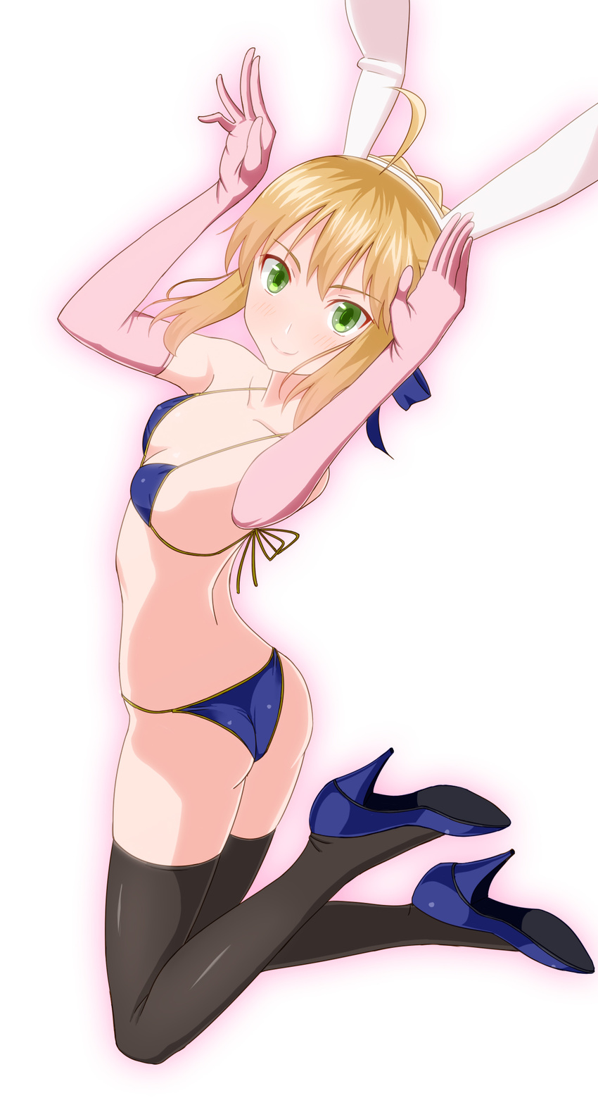 ahoge animal_ears artoria_pendragon_(all) ass bikini blonde_hair bow breasts bunny_ears bunny_pose fate/stay_night fate_(series) flat_ass green_eyes hair_bow high_heels highres saber small_breasts smile solo swimsuit taka_(takahirokun) thighhighs