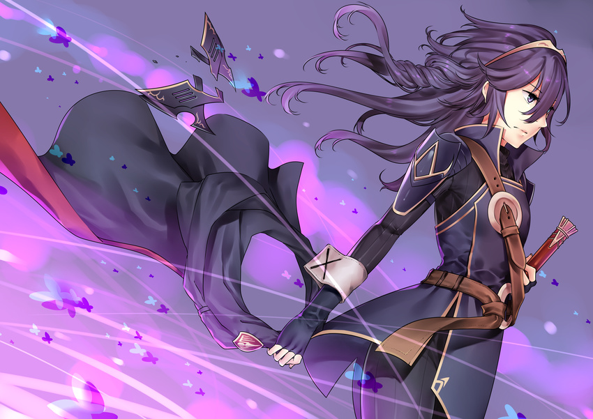 absurdres blue_hair falchion_(fire_emblem) fingerless_gloves fire_emblem fire_emblem:_kakusei gloves highres lucina mask mask_removed nashoki solo sword weapon