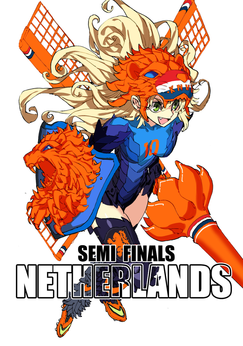 2014_fifa_world_cup absurdres blonde_hair daibajoujisan fang green_eyes helmet highres lance lion long_hair netherlands personification polearm shield weapon world_cup