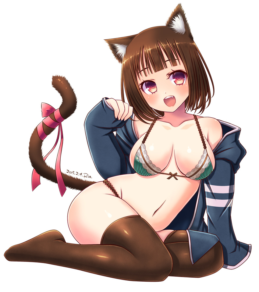 animal_ears blush bow bra breasts brown_hair brown_legwear cat_ears cat_tail fang highres large_breasts miyamae_porin navel open_mouth original panties red_eyes ribbon short_hair simple_background smile solo tail tail_bow tail_ribbon thighhighs underwear white_background