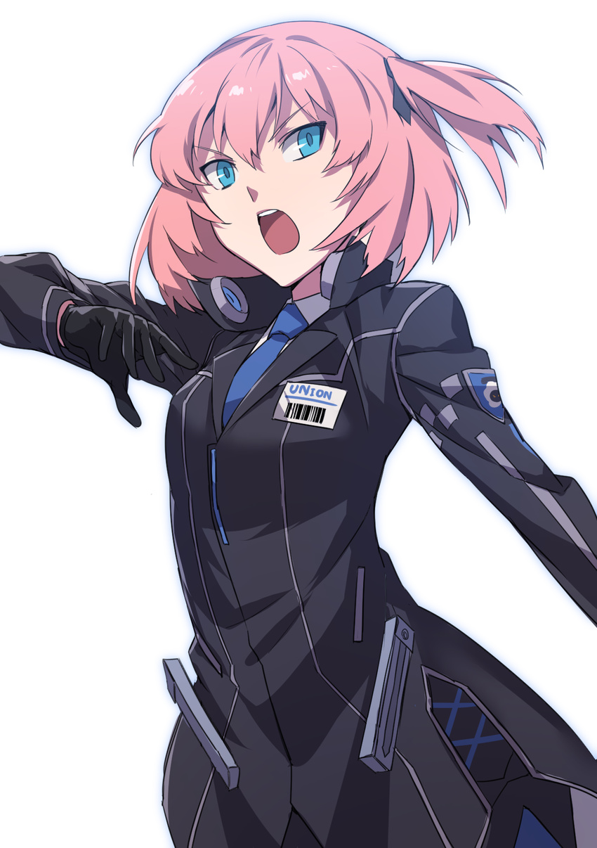 black_gloves blue_eyes closers gloves highres open_mouth pink_hair seulbi_lee short_hair simple_background solo supernew white_background