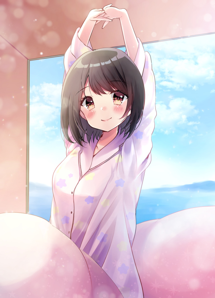 1girl arms_up bangs blue_sky blush brown_eyes brown_hair closed_mouth cloud collarbone collared_shirt commentary_request day dress_shirt eyebrows_visible_through_hair highres indoors long_sleeves looking_at_viewer minami_saki original pajamas pillow print_pajamas print_shirt purple_pajamas purple_shirt shirt sitting sky smile solo star star_print stretch waking_up water