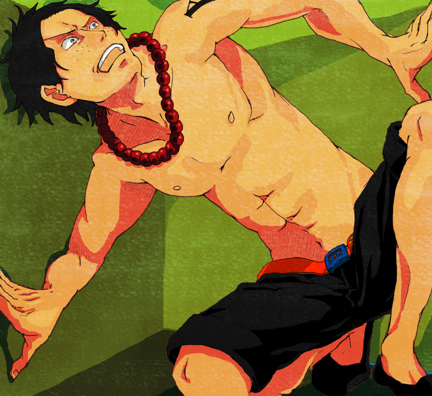 1boy freckles male male_focus necklace one_piece open_mouth portgas_d_ace shorts tattoo topless