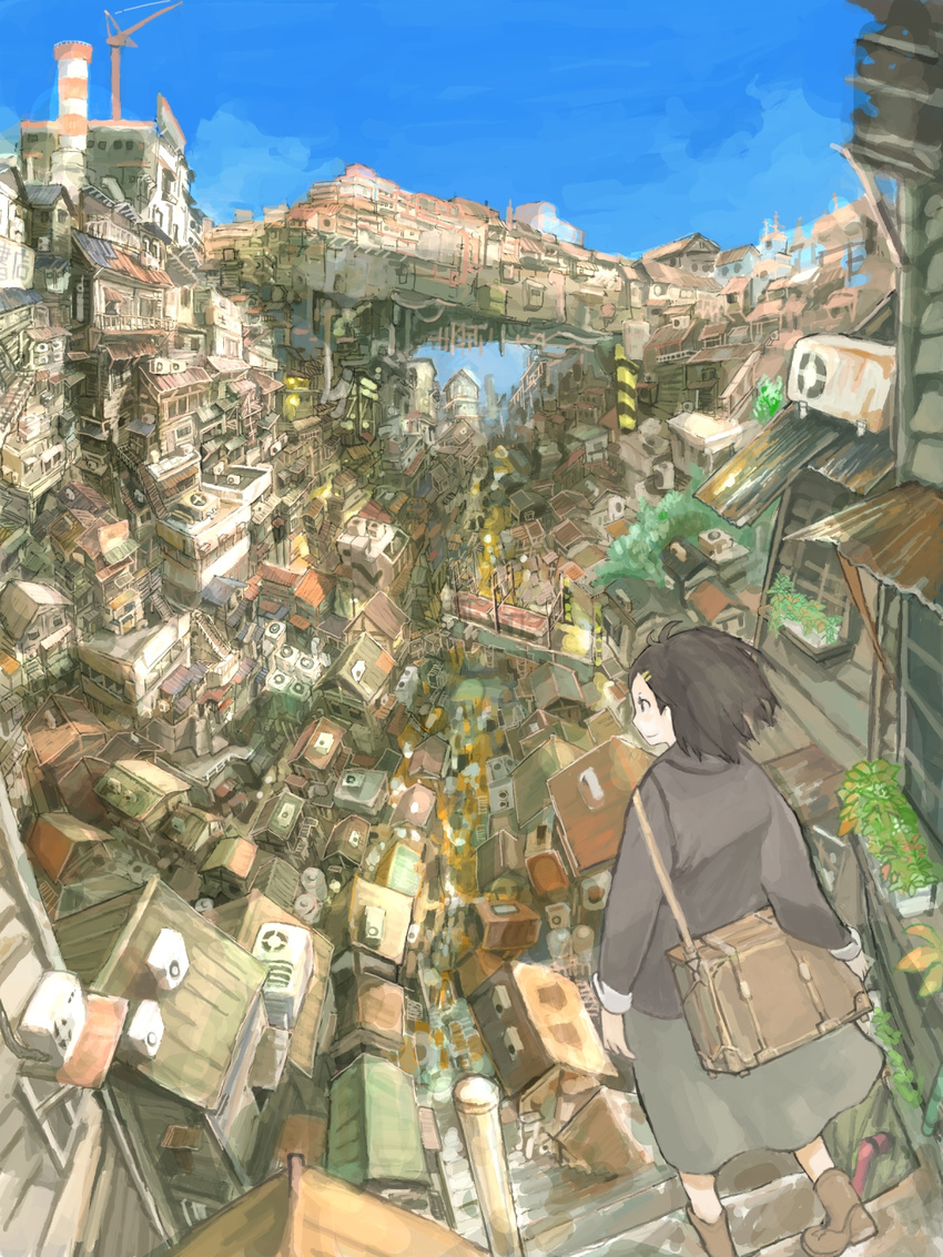 air_conditioner bad_id bad_pixiv_id bag black_hair city cityscape construction copyright_request hair_ornament hairclip highres mo-mo-ride scenery short_hair shoulder_bag stairs valley