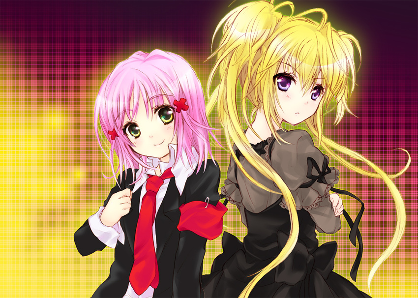 :&lt; blonde_hair blush dress hinamori_amu hoshina_utau long_hair looking_back multiple_girls necktie pink_hair purple_eyes short_hair shugo_chara! smile tachitsu_teto twintails yellow_eyes