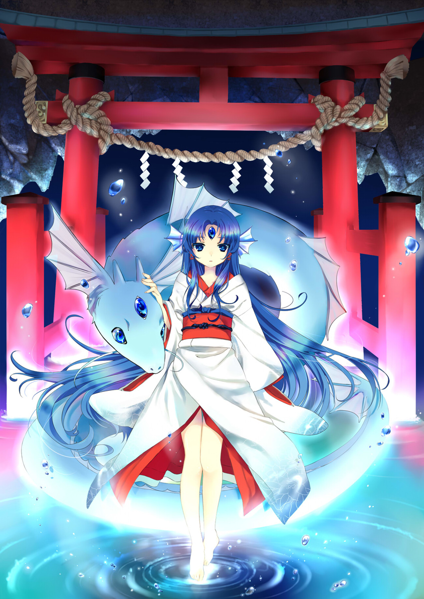 barefoot blue_eyes blue_hair dragon floating forehead_jewel hanabana_tsubomi head_fins highres japanese_clothes kimono long_hair obi original ripples rope sash shide shimenawa standing standing_on_liquid third_eye torii very_long_hair water water_drop