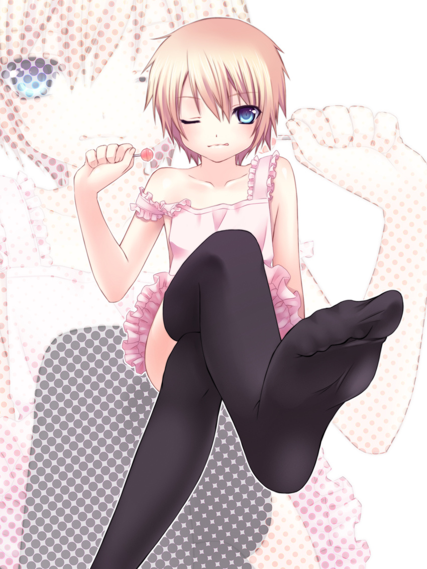 absurdres apron bad_id bad_pixiv_id blonde_hair blue_eyes candy crossdressing crossed_legs feet food foreshortening hands highres legs licking_lips lollipop naked_apron nana_mikoto one_eye_closed original otoko_no_ko polka_dot short_hair sitting soles strap_slip thighhighs tongue tongue_out zoom_layer