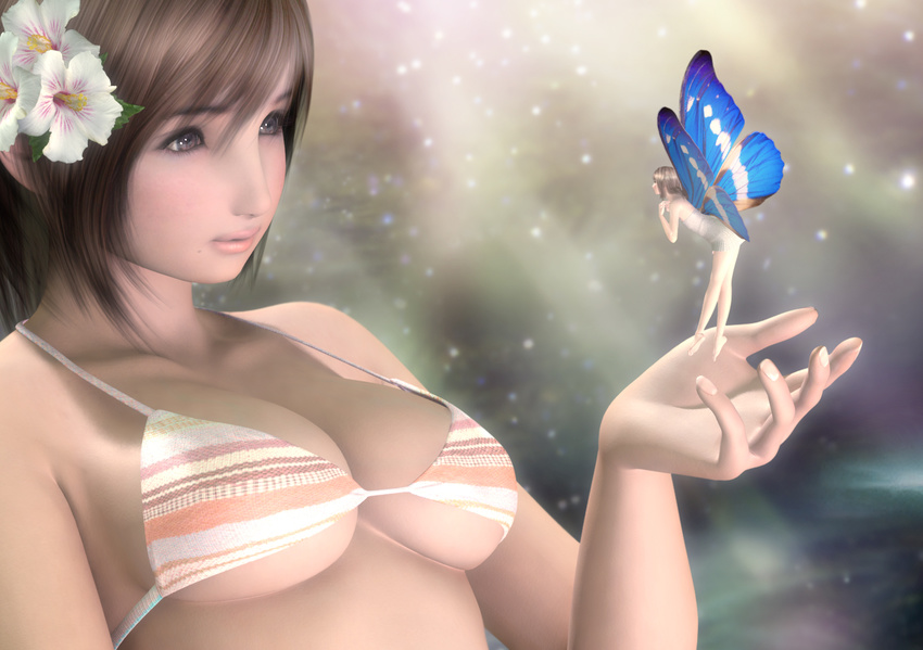 3d bad_id bad_pixiv_id bikini breasts brown_eyes brown_hair butterfly_wings fairy flower giantess hibiscus hinemaru large_breasts minigirl original short_hair solo strap_gap swimsuit underboob undersized_clothes wings