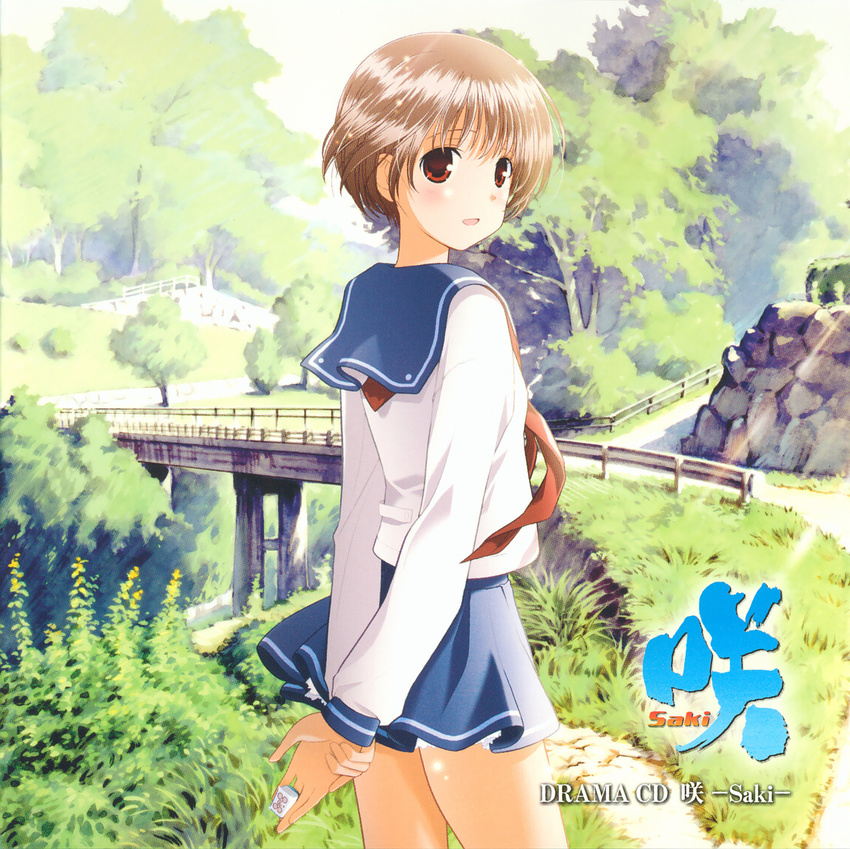 arms_behind_back blue_skirt bridge brown_hair copyright_name cowboy_shot day flat_chest hands_together highres holding kiyosumi_school_uniform kobayashi_ritz long_sleeves looking_at_viewer looking_back mahjong mahjong_tile miniskirt miyanaga_saki neckerchief open_mouth outdoors red_eyes red_neckwear road rural saki school_uniform serafuku short_hair skirt solo v_arms