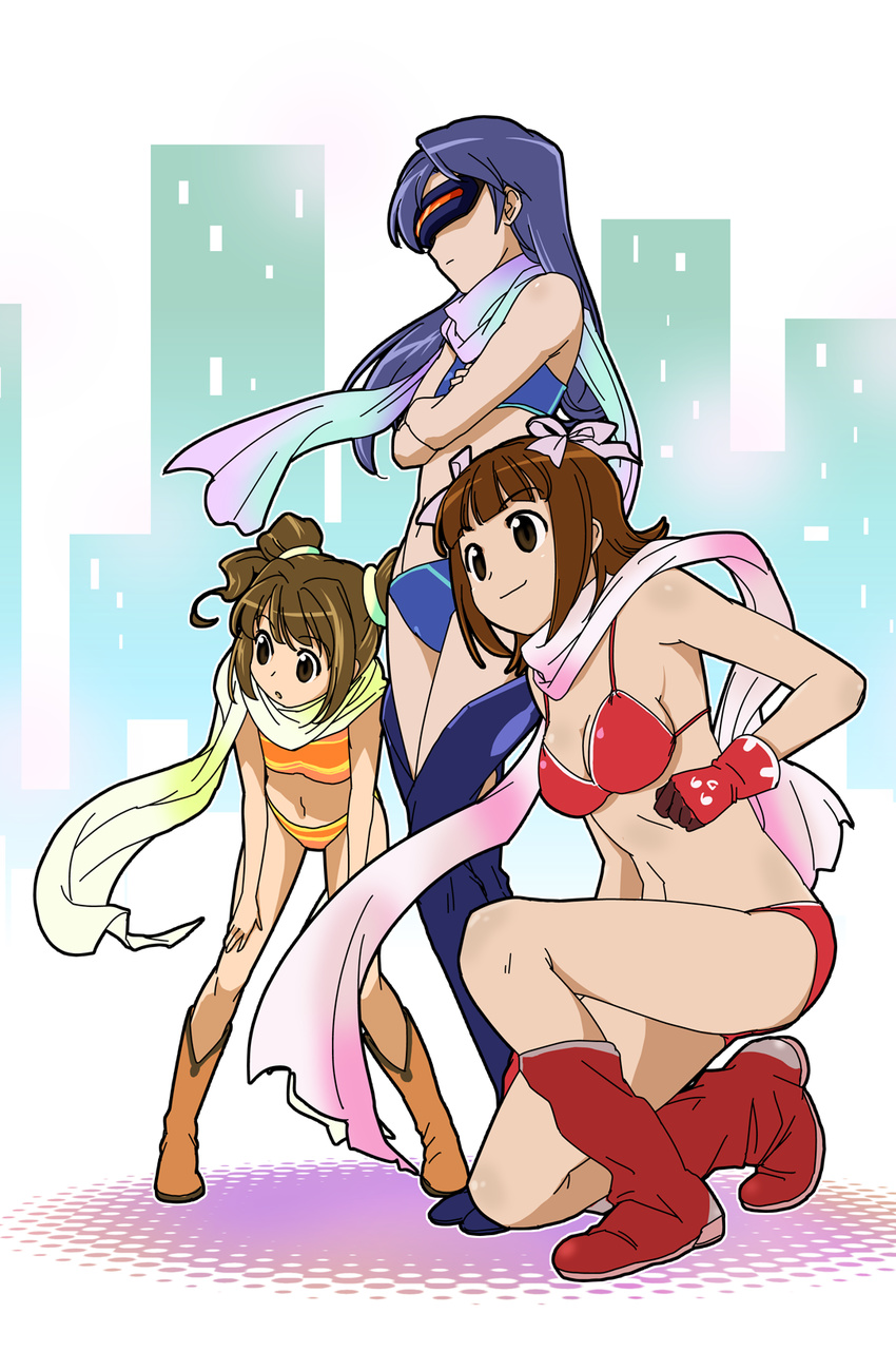 amami_haruka bikini blue_hair boots breasts brown_eyes brown_hair cleavage crossed_arms flat_chest gloves halftone head_mounted_display highres idolmaster idolmaster_(classic) kisaragi_chihaya long_hair mecha_chihaya medium_breasts multiple_girls one_knee oofuji_wataru red_bikini scarf sentai short_hair sunglasses swimsuit takatsuki_yayoi twintails