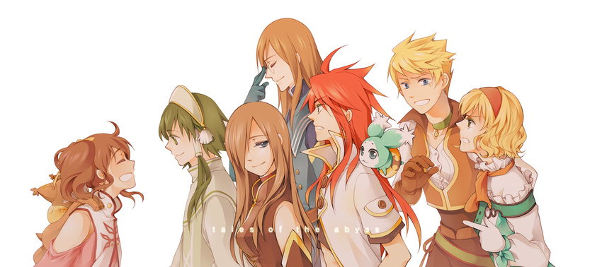 4boys anise_tatlin blonde_hair blue_eyes choker copyright_name glasses gloves green_choker green_eyes green_hair guy_cecil hair_tubes hairband highres ion jade_curtiss long_hair luke_fon_fabre mieu multiple_boys multiple_girls natalia_luzu_kimlasca_lanvaldear ninjin_(charat7) red_hair scarf short_hair short_hair_with_long_locks sidelocks smile tales_of_(series) tales_of_the_abyss tear_grants twintails