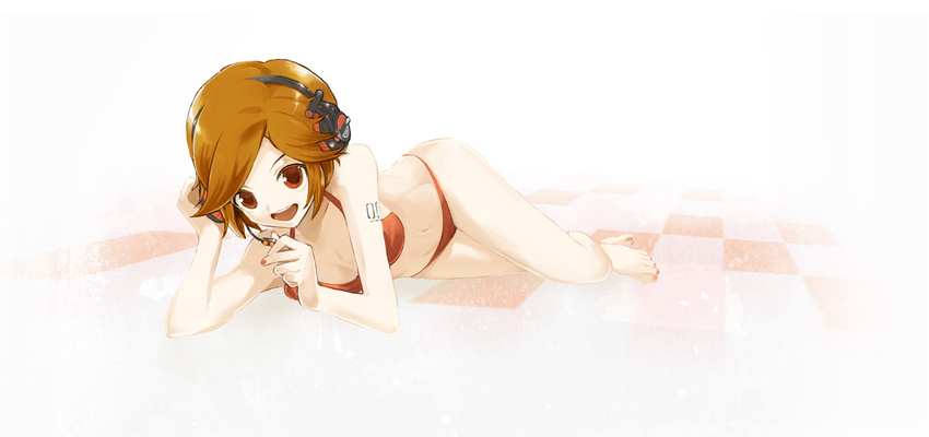 bad_id bad_pixiv_id barefoot bikini brown_eyes brown_hair checkered checkered_floor headphones headset lying meiko nail_polish on_side orange_nails perspective sakine_meiko short_hair smile solo stecky swimsuit vocaloid younger