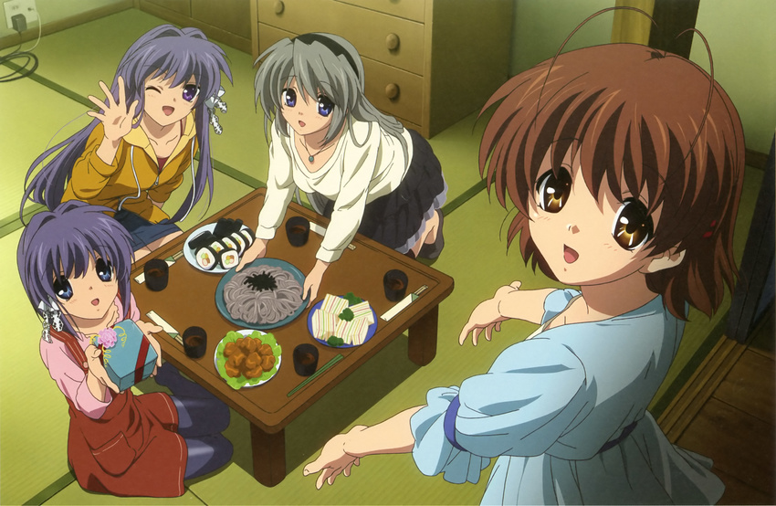 absurdres antenna_hair blue_eyes brown_eyes brown_hair casual chabudai_(table) clannad food fujibayashi_kyou fujibayashi_ryou furukawa_nagisa gift headband highres indoors long_hair makizushi multiple_girls non-web_source noodles official_art one_eye_closed pantyhose purple_eyes purple_hair sakagami_tomoyo sandwich short_hair siblings silver_hair sisters sushi takahashi_mariko twins very_long_hair waving