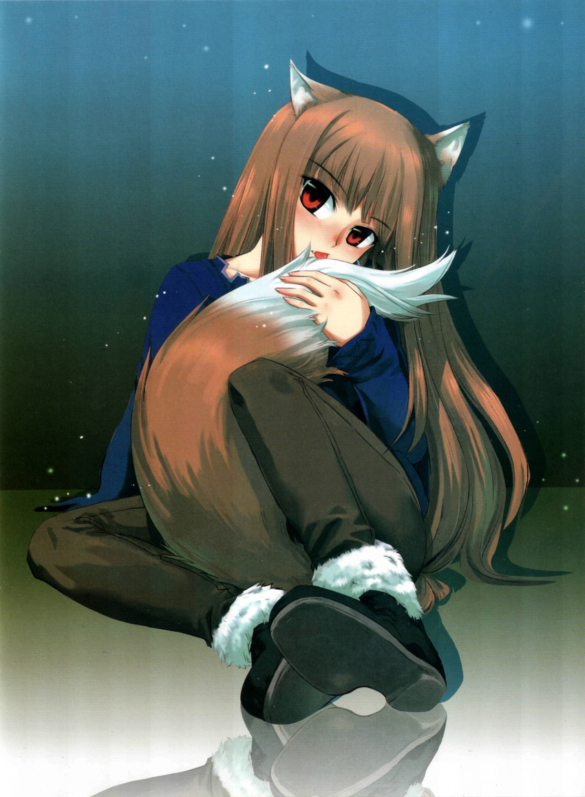 absurdres animal_ears arm_support bag bangs between_legs black_footwear blunt_bangs blush boots brown_hair brown_pants collarbone eyebrows_visible_through_hair fang fang_out foreshortening full_body fur-trimmed_boots fur_trim head_tilt highres holding_own_tail holo koume_keito long_hair long_sleeves looking_at_viewer nose_blush official_art pants purple_shirt red_eyes reflection reflective_floor scan shirt simple_background sitting solo spice_and_wolf straight_hair tail tail_between_legs tail_licking tongue tongue_out very_long_hair wolf_ears wolf_tail