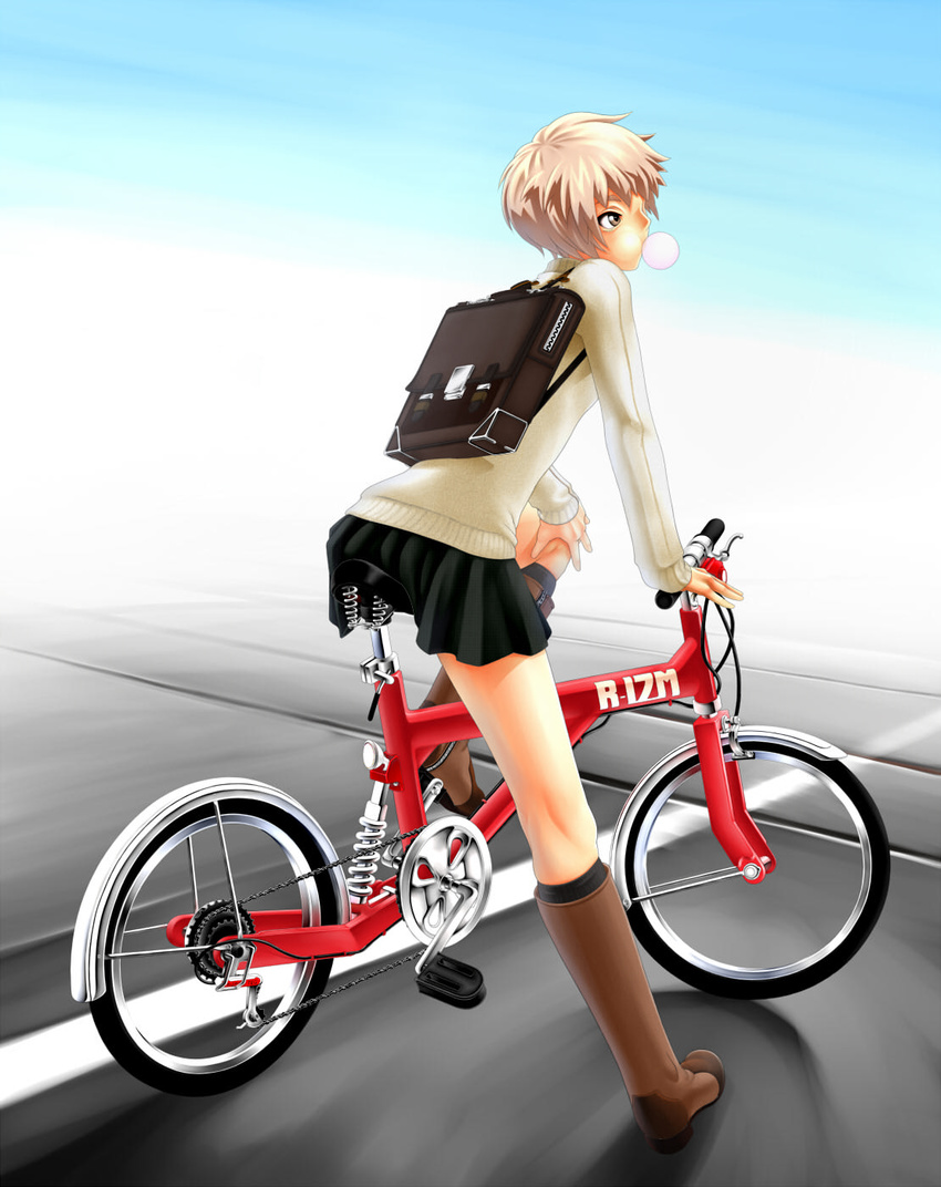 bag bicycle boots brown_hair bubble_blowing chewing_gum ground_vehicle highres murazono original pink_hair solo