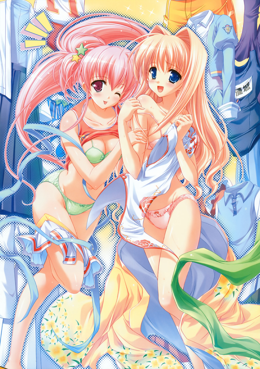 ;p absurdres arm_grab blonde_hair blue_eyes bow bow_panties bra breasts bukatsu_kikaku china_dress chinese_clothes cleavage dress flower green_panties highres kakedori_tsubasa large_breasts lingerie long_hair misakura_nankotsu multiple_girls one_eye_closed open_mouth panties pink_eyes pink_hair pink_panties ribbon shirt_lift smile strap_slip takiguchi_shizuru tank_top tongue tongue_out underwear underwear_only undressing