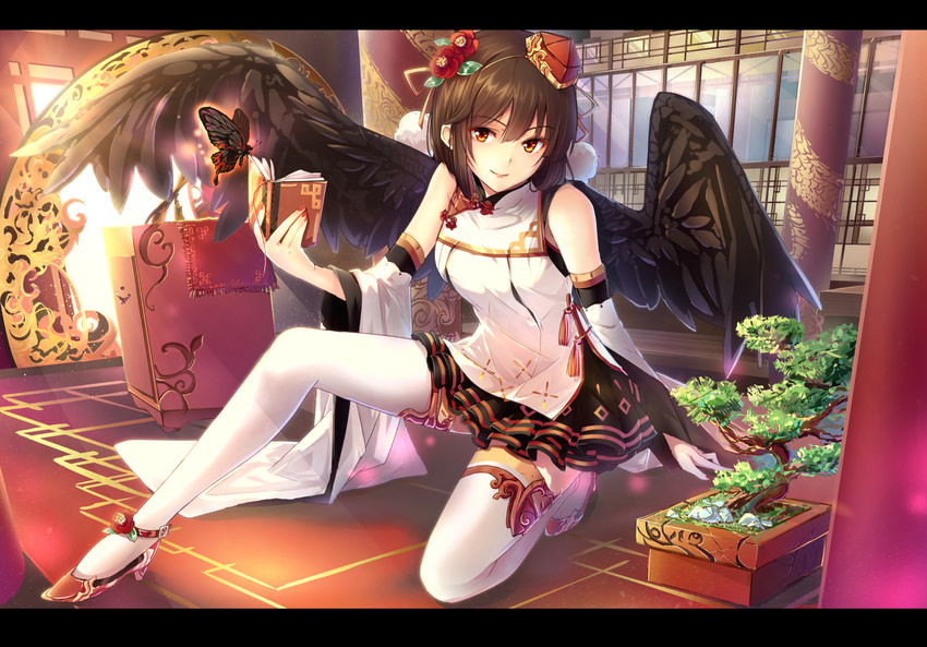 alternate_costume bare_shoulders bird_wings black_wings bonsai book brown_eyes brown_hair bug butterfly chinese_clothes cibo_(killy) flower hair_flower hair_ornament hat hat_ribbon highres insect letterboxed light_smile lolita_fashion long_sleeves pillar pom_pom_(clothes) qi_lolita ribbon shameimaru_aya shirt sitting skirt solo thighhighs tokin_hat touhou white_legwear wide_sleeves wings zettai_ryouiki