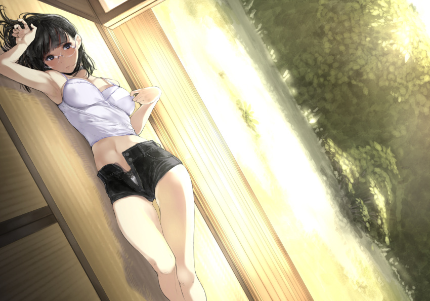 arm_up armpits bangs bare_arms bare_shoulders black_eyes black_hair breasts buttons camisole choker closed_mouth commentary_request eyebrows_visible_through_hair glasses indoors looking_at_viewer lying medium_breasts medium_hair midriff mole mole_under_mouth navel on_back original panties shorts sleeveless solo tatami tsukino_wagamo unbuttoned underwear wooden_floor