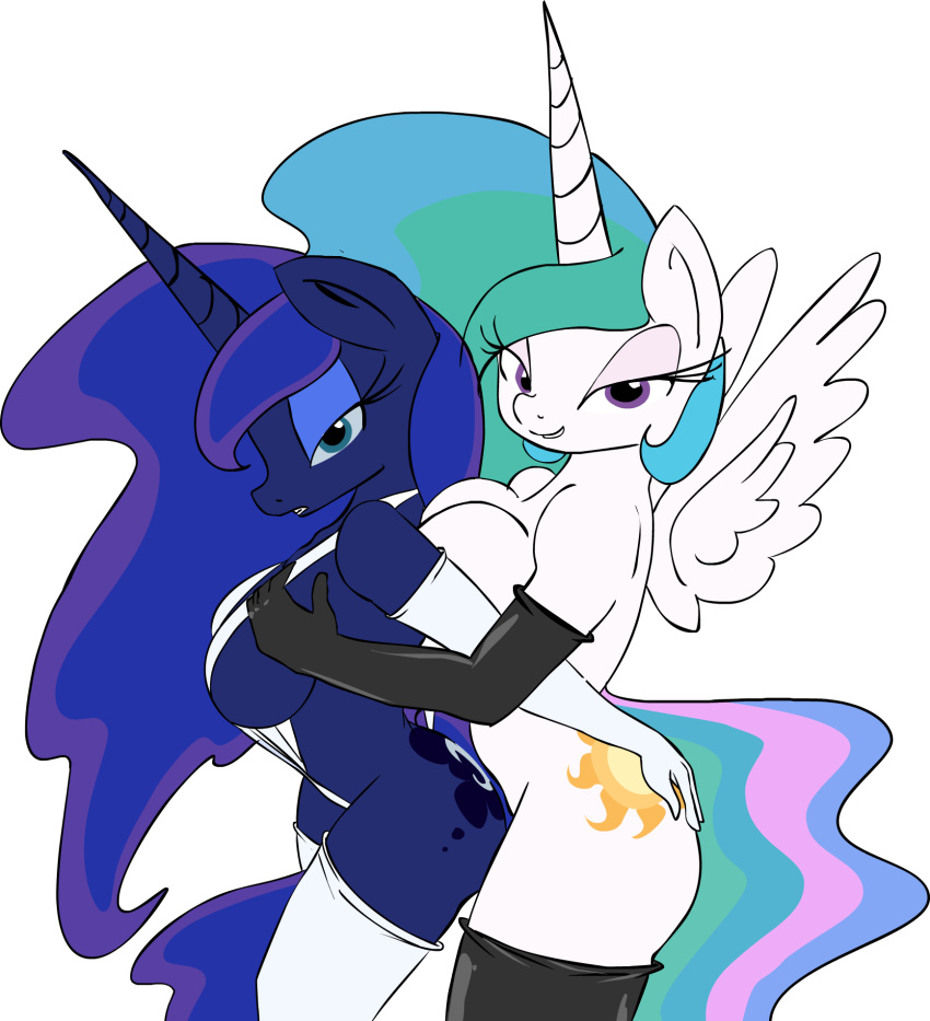 2014 anthro anthrofied big_breasts bikini blue_eyes breasts butt butt_grab clothing duo equine female female/female friendship_is_magic grope hair hand_on_breast hand_on_butt horn legwear looking_at_viewer mammal multicolored_hair my_little_pony portrait princess_celestia_(mlp) princess_luna_(mlp) purple_eyes rubber side_boob simple_background sling_bikini smile standing swimsuit thigh_highs three-quarter_portrait wedgie white_background winged_unicorn wings zev