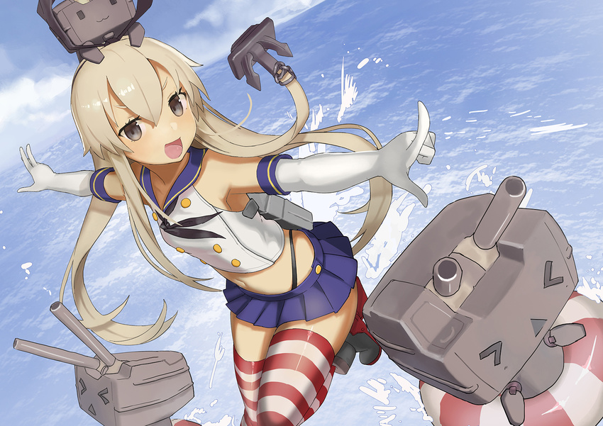 :d anchor_hair_ornament bare_shoulders black_panties blonde_hair blue_skirt ccaw crop_top elbow_gloves gloves grey_eyes hair_ornament hairband highleg highleg_panties highres kantai_collection leg_up lifebuoy long_hair looking_at_viewer machinery microskirt midriff on_head open_mouth outstretched_arms panties pointing rensouhou-chan sailor_collar shimakaze_(kantai_collection) skirt smile spread_arms striped striped_legwear thighhighs underwear white_gloves