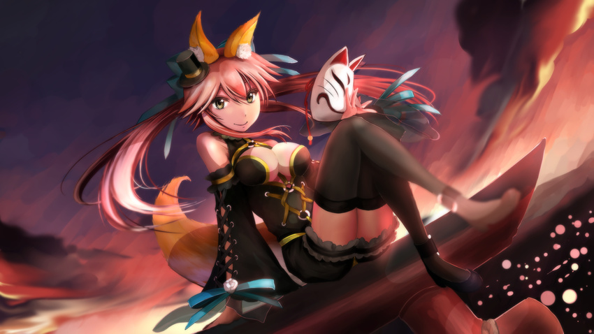 animal_ears bare_shoulders black_legwear blurry bokeh breasts cleavage depth_of_field detached_sleeves fate/extra fate/extra_ccc fate_(series) fox_ears fox_mask fox_tail grimjin hair_ribbon hat highres looking_at_viewer mask medium_breasts mini_hat mini_top_hat pink_hair ribbon smile solo tail tamamo_(fate)_(all) tamamo_no_mae_(fate) thighhighs top_hat twintails yellow_eyes