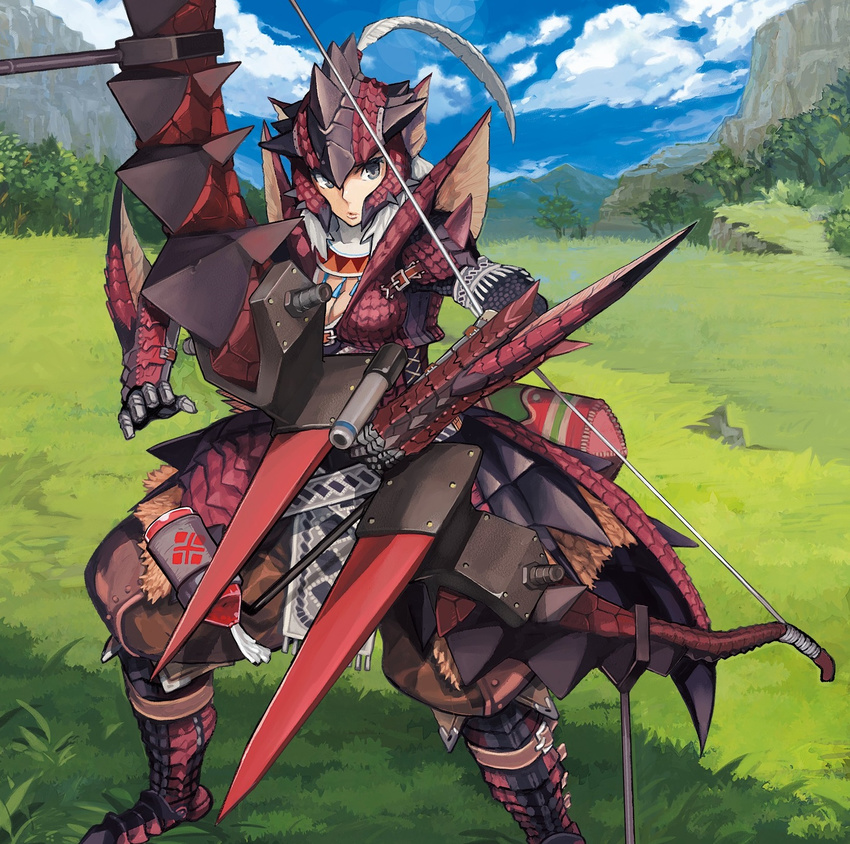 armor bow_(weapon) highres liana_(mezeporta_kaitaku-ki) monster_hunter monster_hunter_mezeporta_kaitaku-ki rathalos_(armor) solo weapon