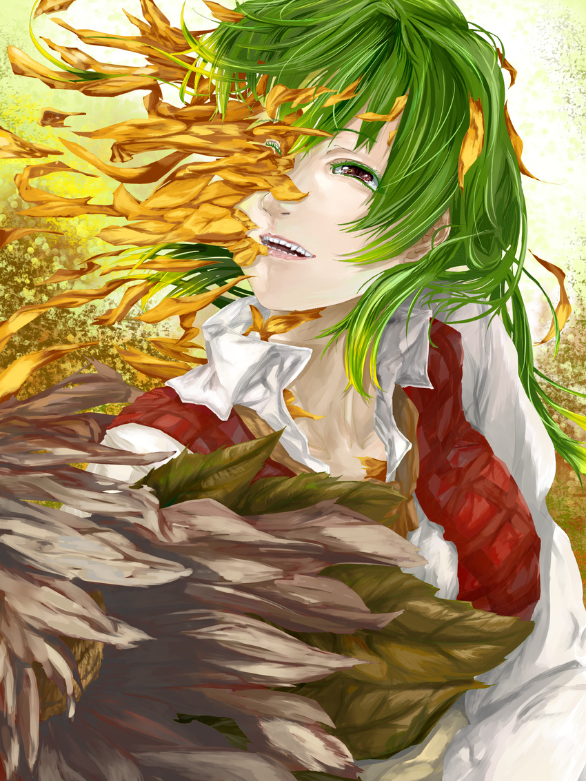 absurdres ascot_removed collarbone collared_shirt colored_eyelashes dissolving ears fangs flower garreki green_hair highres kazami_yuuka lips long_hair long_sleeves neck nose one_eye_closed open_clothes open_shirt petals plaid plaid_vest red_eyes shirt slit_pupils smile sunflower tearing_up teeth touhou vest