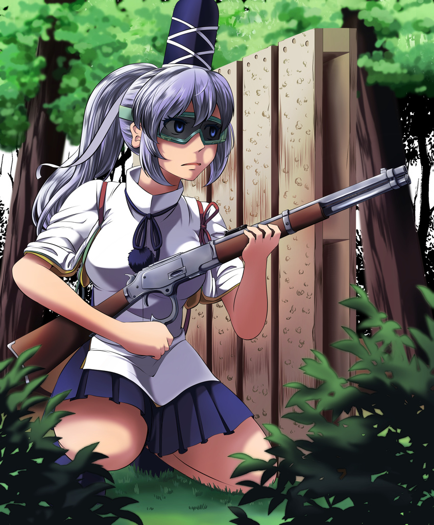airsoft bangs blue_eyes blue_footwear blue_hair blurry breasts day depth_of_field goggles grass gun hair_between_eyes hat highres holding holding_gun holding_weapon japanese_clothes kouno_ibuki long_hair looking_afar medium_breasts mononobe_no_futo parted_lips pointy_nose pom_pom_(clothes) ponytail ribbon rifle shirt shoes shooting_range sidelocks silhouette skirt sleeves_pushed_up solo squatting tate_eboshi thighs touhou tree turtleneck weapon white_shirt