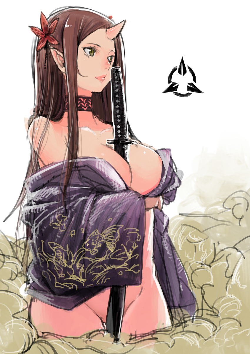 absurdres between_breasts breasts cleavage cowboy_shot flower green_eyes hair_flower hair_ornament highres horn japanese_clothes katana kimono large_breasts long_hair no_panties off_shoulder oni open_clothes open_kimono original pointy_ears shiro_shougun short_kimono simple_background sketch smile solo sword weapon white_background