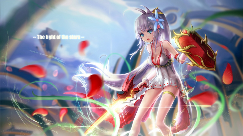 bangle blue_eyes bracelet breasts cleavage dress dungeon_and_fighter flower glowing glowing_sword glowing_weapon hair_flower hair_ornament high_ponytail jewelry knight_(dungeon_and_fighter) long_hair long_ponytail medium_breasts ponytail purple_hair shield solo sword thigh_strap v-neck wangchuan_de_quanyan weapon